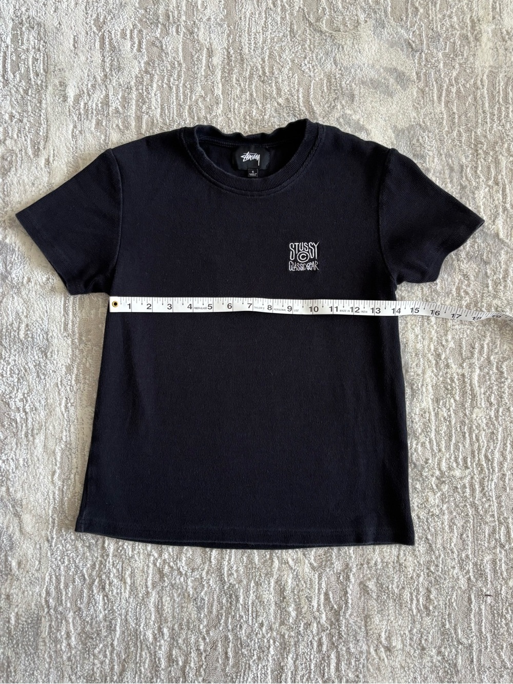 Stussy Womens Ribbed Black Short Sleeve Tee with White Chest Logo - Picture 2 of 7